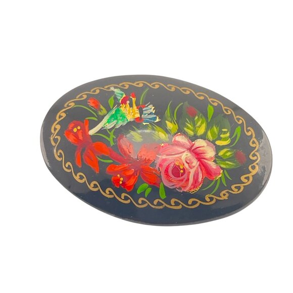 Hand-Painted Russian Floral Oval Brooch Pin 2 1/4'' Colorful Artsy - Picture 7 of 7